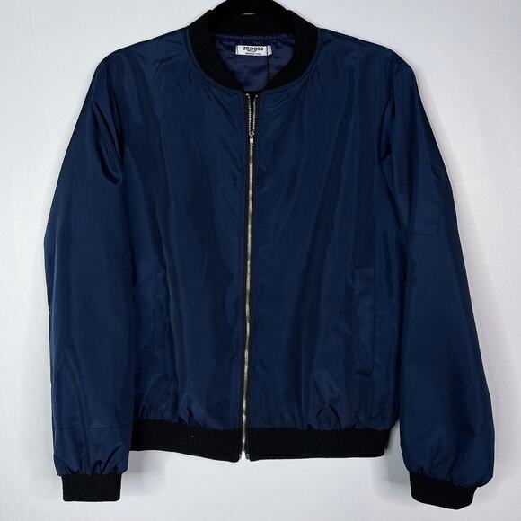 New Zeagoo Womens Small S Navy Blue Bomber Jacket Zip Up Coat Black Trim Pockets - Picture 1 of 10
